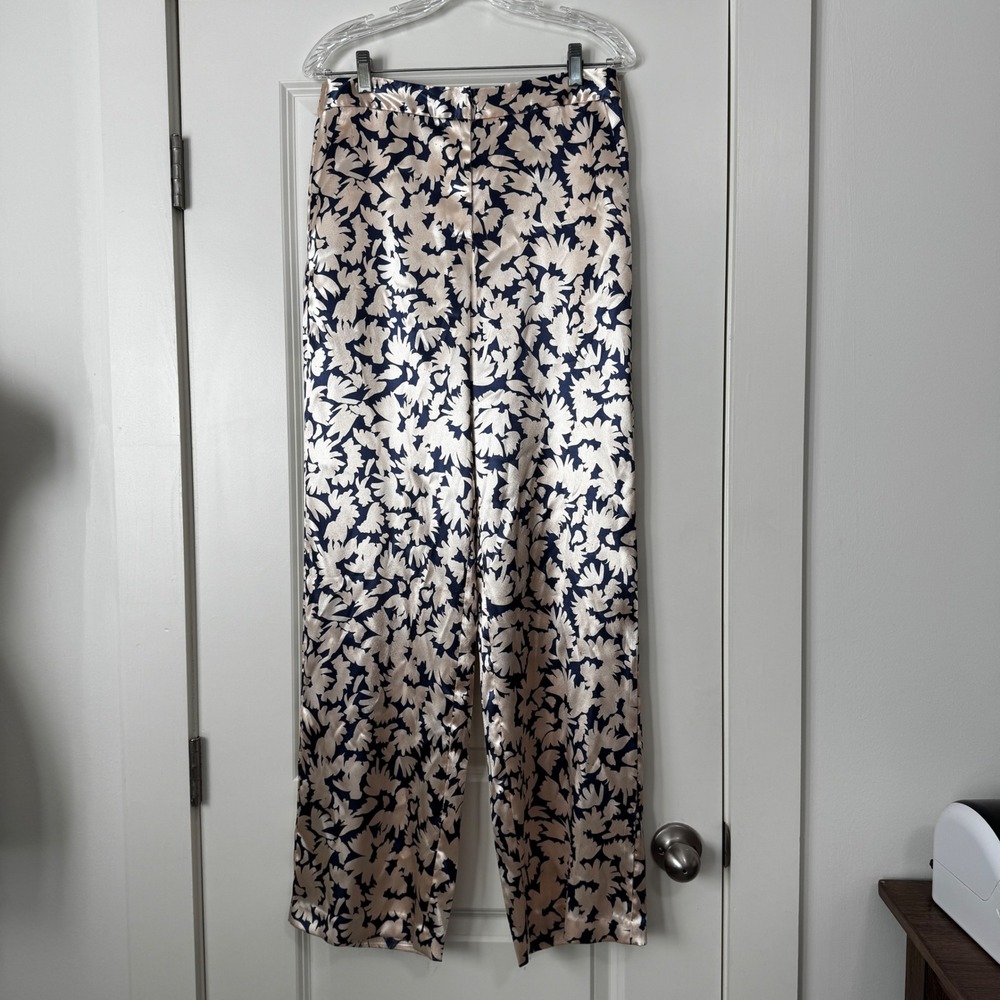 Ulla Johnson 4 Wide Leg Satin Floral Pants Navy Blue Cream Quiet Luxury